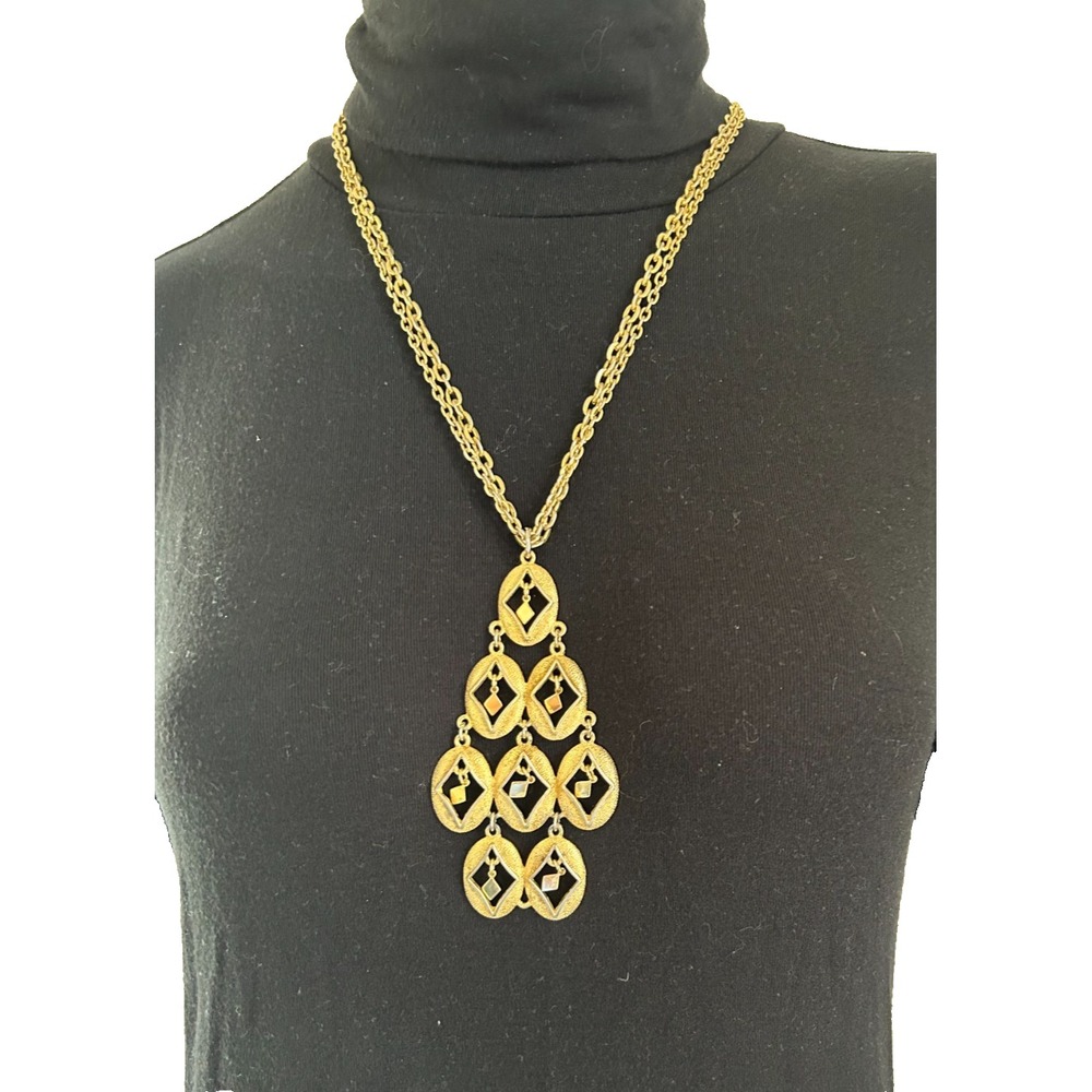 60s 70s Mod Articulated Necklace Double Chain Gold Tone Charms 4 Tiers 16.5"